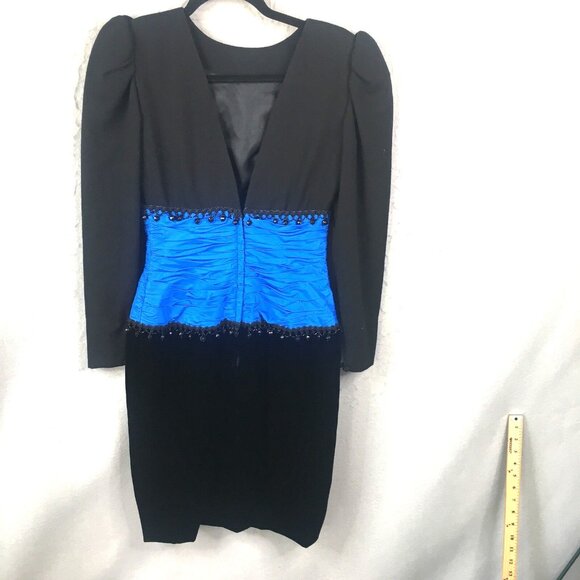 Vintage Lawrence Dress Womens 4 Blue Black Ruched Event Neiman Marcus Cocktail - Picture 2 of 16